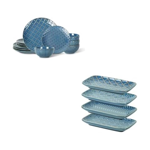 Sureasy Dinnerware Sets 12-piece + 8 inch Rectangular Salad Plates Set of 4, Blue Cover