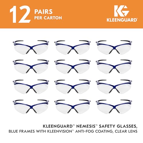 KleenGuard V30 Nemesis Safety Glasses (47384), Clear Anti-Fog Lens with Metallic Blue Frame, 12 Pairs / Case