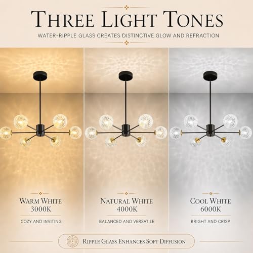 Image of Modern Sputnik Chandelier,6-Light Black Chandelier with Glass Shades, mid Century Semi Flush Mount Ceiling Light Fixture,Pendant Light Fixture for Dining Room,Kitchen Island Bedroom