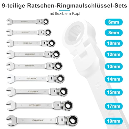 HYCHIKA Ringsleutelset, 9-delig, 6-19 mm moersleutelset met ratelkop en handtas voor autoreparatie en industrieel onderhoud - Afbeelding 3