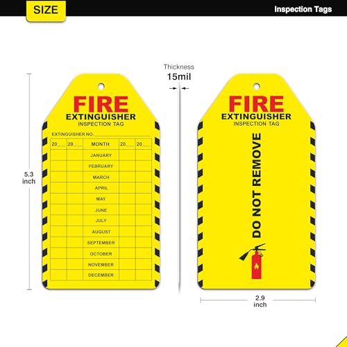 Fire Extinguisher Inspection Tags - 50 Pack Yearly Monthly Tags for Maintenance Record, OSHA Approved Tearproof Waterproof, 2025-2028 Yearly Monthly Fire Extinguisher Inspection Tag