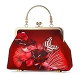 WNV Women China Chic Retro Top-handle Bag Vintage Kiss Lock Tote Handbag Wedding Party Evening Clutch Purse With Chain Strap