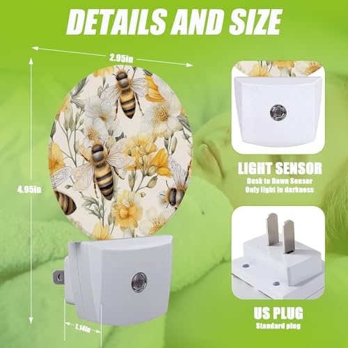 Image of Cute Bee Night Light,Watercolor Floral Night Lights Plug into Wall for Kitchens Toilets Bedroom Decorative Half Round Nightlight Led Lamp 0.5W Sleep Friendly