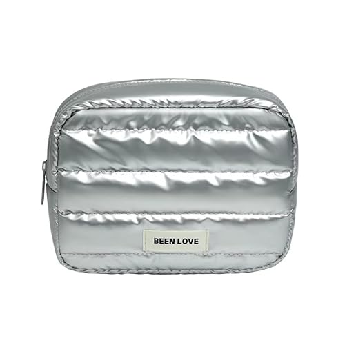 KIVEA Kosmetiktasche Damen Metallic wasserdichte, Gepolsterte Make-up Tasche mit 2 Innenfächern, Perfekter Reise Kulturbeutel Organizer(20,5x14,5x9cm), (Silber)