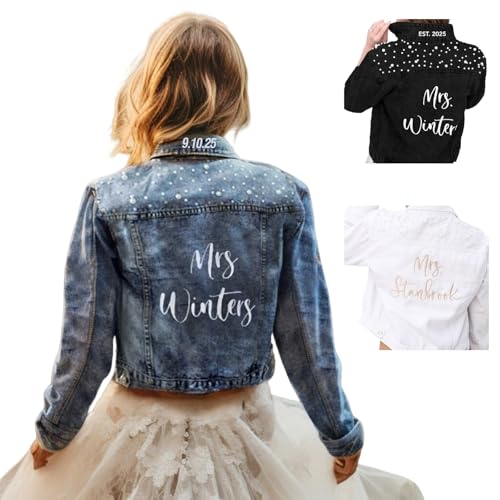 UIDMEN Personalisierte bestickte Jeansjacke für die Braut, Jacke für die zukünftige Frau, individueller Name der Braut und besonderes Datum, Perlen-Jeansjacke, Geschenke für Hochzeit, Verlobung
