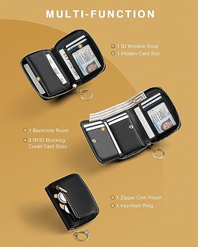 Small Wallet For Women RFID Blocking With Zipper Around Case Trifold Compact Leather Card Purse with Coin Pocket Black2