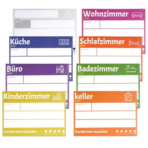 Deepton 80 Stück Große Umzugsetiketten 10 5x14 8 cm Umzugsaufkleber zum Beschriften von Umzugskartons Bunte Eetiketten Selbstklebend 8 Farben Klebeetiketten für Übersicht Beim Umzug Umzugshelfer