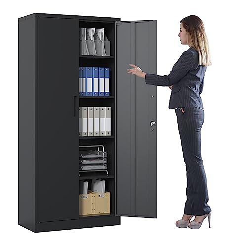BIZOEIRON 71" Metal Storage Cabinet with Doors and Shelves, Locking Garage Cabinet,Heavy Duty Steel Tool Cabinets Utility Locker File Organizer for Home Kitchen Office Basement (Black)