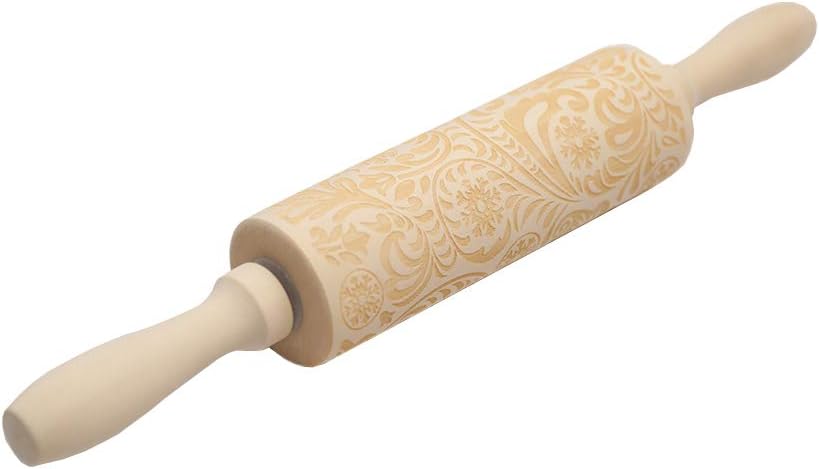 LIBAO Christmas Wooden Rolling Pins 3D Laser Engraved Embossing Rolling Pin for Baking Cookies Biscuit Fondant Cake Dough Clay