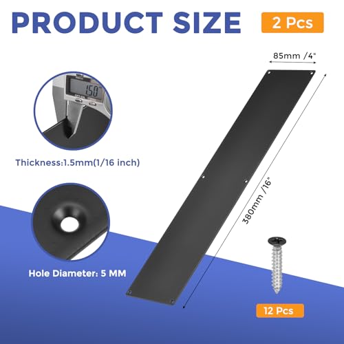 GLOKUUCA 2 Pcs Push Door Plate - 3.3 x 15 Inches Aluminum Door Push Plate Door Kick Plate,1.5mm (1/16 Inch) Thickness,Metal Door Plate with 12 Screws for Door Interior Exterior (Black) - Thumbnail 2