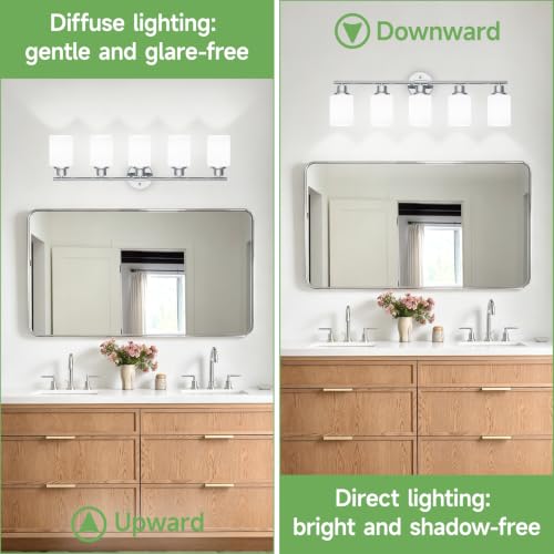 Image of 5-Light Chrome Vanity Lights for Mirror, Bathroom Light Fixtures with Textured Milky White Glass Shade, Modern Kitchen Light Fixtures Wall Sconce Light