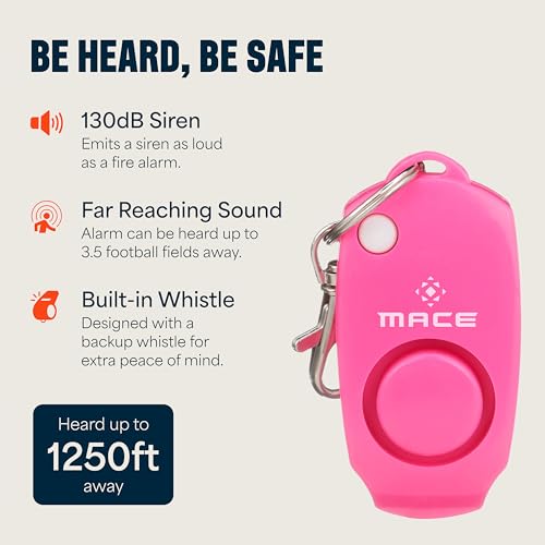 Image of Mace Brand 130dB Personal Alarm Key Chain with Bag Clip, Backup Whistle, and Hidden Off Button for Self Defense, Pink