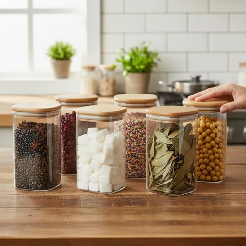 Image of ginoya brothers Airtight Borosilicate Glass Square Jar With Wooden Or Steel Lid Multi-Size, Container for Spices, Coffee, Grains, Snacks & Kitchen Organization (2, WOODEN LID, 420 ML)