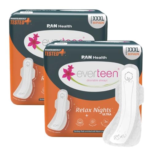 everteen Relax Night 60 XXXL Ultra Thin Sanitary Pads for Women, For Super Heavy Flow with Wider Back, Front to Back Coverage, Upto 12 Hours of Absorption, Maternity Pads, Pack of 2 (410mm)