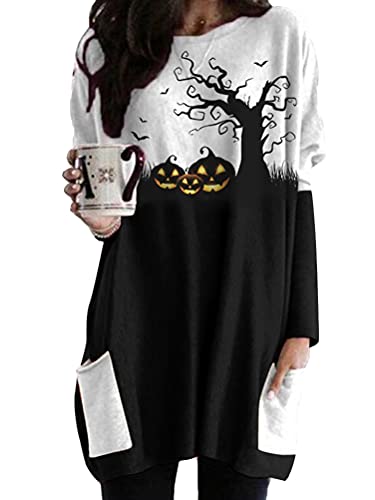 ORANDESIGNE Sweat Femme Fantaisie Drôle Impression Halloween Citrouille Long Pullover Grande Taille Ample Automne Hiver Manches Longue Tops Mode Décontracté Hauts A Noir XL