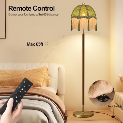 Image of Wood Floor Lamps for Living Room Vintage Floor Lamp with Remote Control & 3 Color Temperature,Dimmable Floor Lamp Mid Century Modern Standing Lamp Green Fringe Tall Floor Lamp for Bedroom Corner