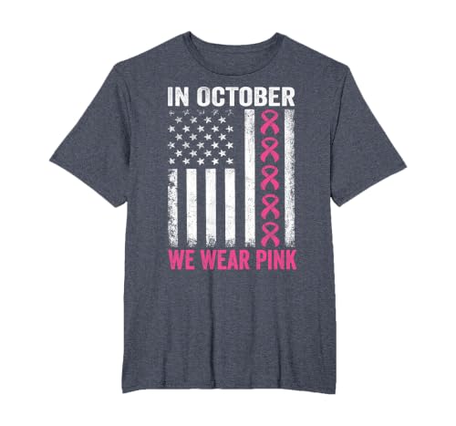 in October we Wear Pink Us Flag Breast Cancer Awareness T-Shirt, Men's Big and Tall, Heather Blue, 3X Tall