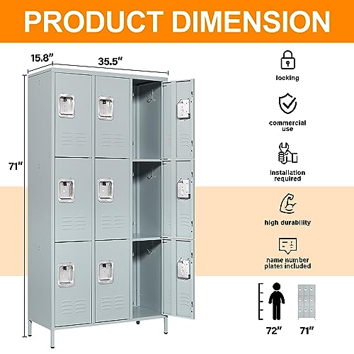 Anxxsu Metal Locker with 9 Doors Employees Locker, Metal Storage Locker with Hooks, 71" Storage Cabinet Lockers for Employees, Home, Office, Gym Requires Assembly (9 Doors, Grey) - Image 4