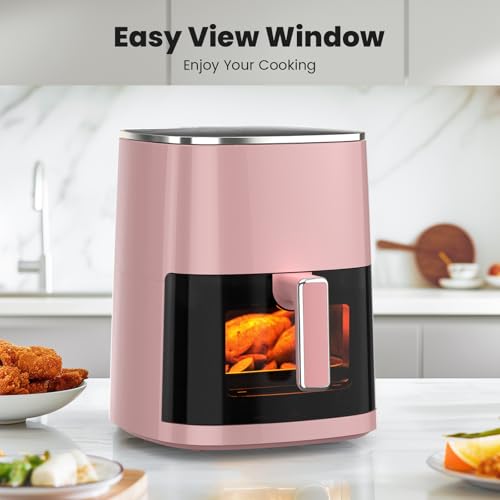 Image of Sweetcrispy 6QT Air Fryer with Window, Square Airfryer Oven 12-in-1 for Family, 400F Rapid Air Crispy Technology, Roast Bake Dehydrate, Nonstick & Easy-Clean Basket, Pink