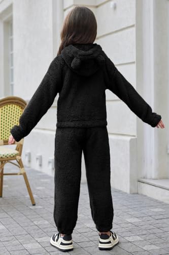 Image of Arshiner Girls 2 Piece Outfits Sweatsuit Fuzzy Long Sleeve Bear Ear Hoodie Sweatshirt and Sweatpant Kids Clothing Sets