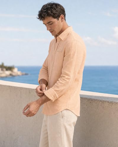 Image of Nobero Breezy Premium Linen Cotton Shirt for Men | Stylish Casual Shirts for Men | Semi Cut Collar | Box Pleat | Curved Hem | Regular Fit | Full Sleeve | S-XXXL