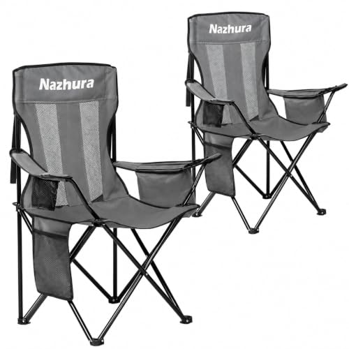 Nazhura 2 Pack Outdoor Camping Chairs Folding/Foldable/Portable with Cooler Pouch Mesh Backrest and Cup Holder Pocket (Grey Metal 2 Pack)