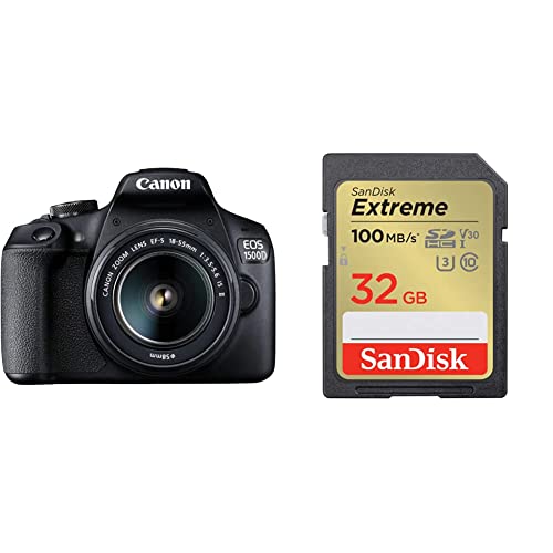 Canon EOS 1500D 24.1 Digital SLR Camera (Black) with EF S18-55 is II Lens & SanDisk Extreme SD UHS I 32GB Card for 4K Video for DSLR and Mirrorless Cameras 100MB/s Read & 60MB/s Write