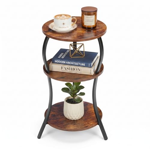Vintage Small Round Side Table, 3-Tier Slim Waist Circular End Table with Storage Shelf, Compact Tea Sofa Table, Round Corner Coffee Table Nightstand for Living Room Bedroom Small Spaces,Rustic Brown