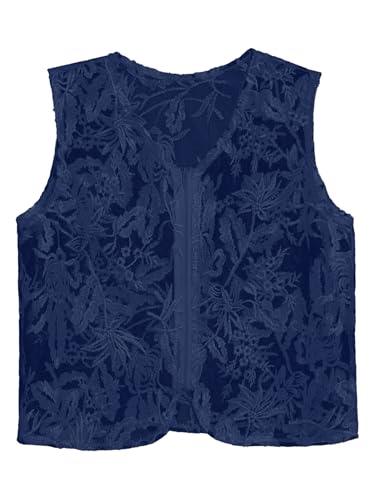 Moily Kids Girls Boys Retro Dance Waistcoat Mesh Floral Lace Zip Front Vest Hippie Dance Cardigan