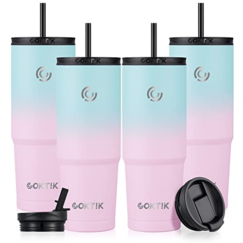 COKTIK 32 oz/4 Pack Insulated Tumbler, with 3 Lids(2Straws/Flip) Stainless Steel Double Vacuum Coffee Tumbler Cup,100% Leakproof Travel Mug ,for Home, Office, Sport,school