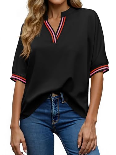 Tankaneo Womens Oversized T Shirt V Neck Half Sleeve Color Block Work Tops Casual Loose Fit Tunic Tees Black