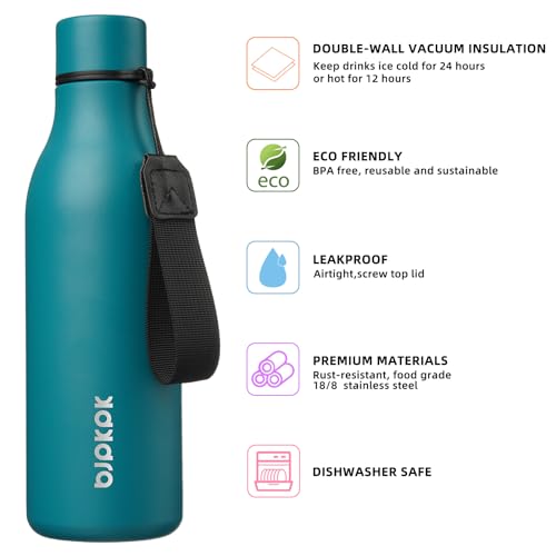 Image of BJPKPK Insulated Water Bottles, 18 oz Stainless Steel Metal Water Bottle with Strap, BPA Free Leak Proof Jugs, Mugs, Flasks, Reusable Thermal Flasks for Sports & Travel, Lake Blue