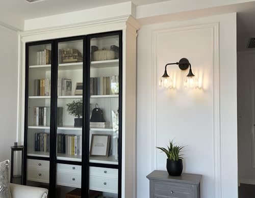 Image of Phansthy Bathroom Vanity Light Fixtures, Hardwired 2-Light Modern Sconces Wall Light Over Mirror with Clear Tulip Glass Shade for Bedroom Living Room Hallway Kitchen (Black + Clear Shade)