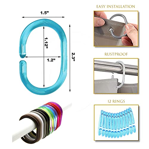 Shower Curtain Rings Plastic Hooks Solid And Clear Color Set Of 12 Clear Turquoise Blue #TOP2