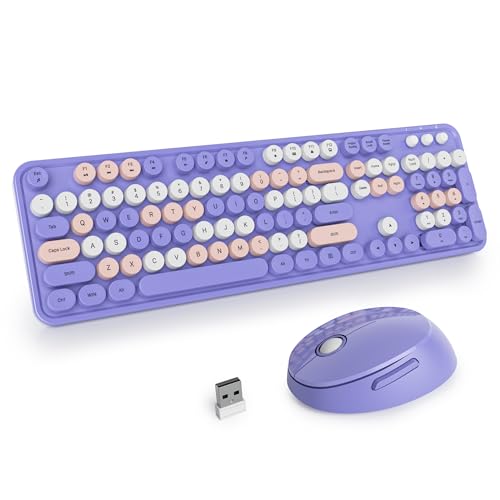 Combo clavier et souris sans fil 2,4 GHz ergonomique avec touches rondes violettes pour PC Win