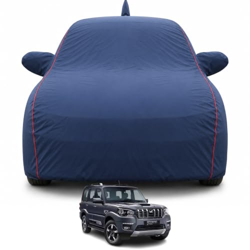 Image of Premium Car Cover for Scorpio (2022-2026) Models | 100% Waterproof, UV & Dust Protection | Mirror & Antenna Pocket | Triple Stitched, Soft Inner Lining, Belt & Buckle (Navy Blue)