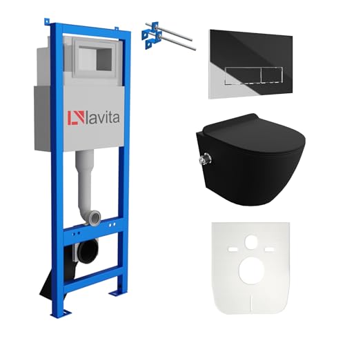 Lavita LAV 101 Élément mural pour WC 40 cm + évier mural suspendu Salto noir sans bord + panneau de commande LAV 200.3.2 chromé | Kit complet | Réservoir de chasse encastré | WC complet