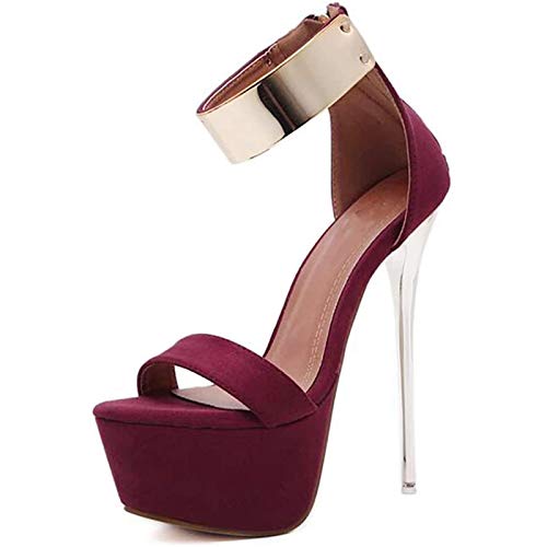 VCXZ Damen High Heel Court Schuhe, Strap Heels Platform Sandalen Party Schuhe für Frauen Hochzeit Pumps 16cm High Heels Pailletten,Rot,37 Cover