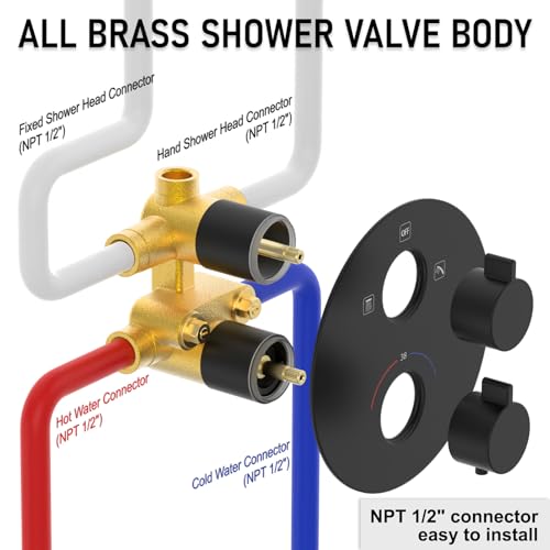Image of Iriber Thermostatic Shower System Wall Mount with 10 Inch Roud Rainfall Shower Head and Handheld,Shower Faucet Mixer Trim Kit (Valve Included),Matte Black