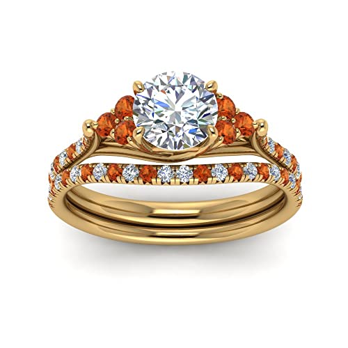 Image of Choose Your Gemstone Round Cut Petite Cathedral Wedding Ring Set Yellow Gold Plated Round Shape Wedding Ring Sets Matching Jewelry Wedding Jewelry Easy to Wear Gifts US Size 4 to 12