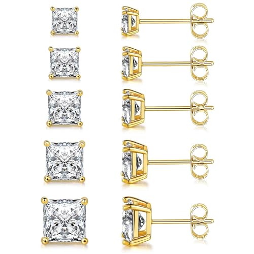 MDFUN Gold Stud Earrings Set 18K Yellow Gold Plated Hypoallergenic Princess Cut Square Clear Cubic Zirconia Stud Earring for Women 3-7 MM Pack of 5 Pairs