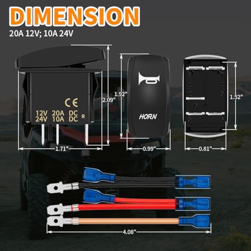 DaierTek Momentary Rocker Switch 12V 20A Marine Horn Button Switch Waterproof Horn Toggle Switch 12 Volt Red LED 5 Pin SPST for Ranger UTV RZR UTV Car Boat