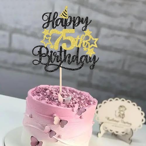 Image of Confetti! Glittering 75th Birthday Cake Topper with Star Hat - Cheers to 75 Years! Fabulous Cake Decorations for Elders 75th Birthday & Anniversary Party Supply