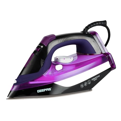 GEEPAS Steam Iron | Clothes Dry & Steam Press | 35s Fast Heat-Up, Vertical Steaming | Ceramic Soleplate & Adjustable Temperature | 480ml Water Tank 0.9g/Steam Output | 2 Year Warranty 3000W Purple