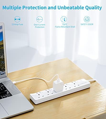 PIBEEX Extension Lead 5 Way Multi Plug Extension Sockets with Individual Switches Wall-Mounted Power Strip 1.5M Extension Cord 13A Fused UK Plug 3250W