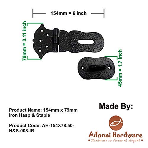 Adonai Hardware "Paran" Heavy Duty Antique Cast Iron Safety Locking Hasp And Staple (6" X 1 Pack, Matte Black) For Vintage Pirates Treasure Chest, Trunk, Wooden Jewelry Box, Cases, Furniture And Sheds #TOP5