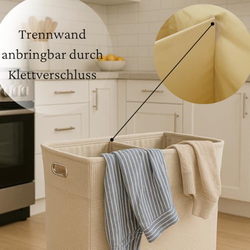Wäschesammler XXL faltbar mit Trennwand – Moderner Cord-Stoff Beige – Wäschebox schmal hoch für Bad, Wäschebehälter für Schmutzwäsche – Wäschesammler groß, Laundry Bag, Wäschekorb