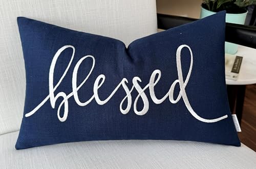 EURASIA DECOR Blessed Embroidered Pillow Cover - 12x20 Inch Cotton - Navy Blue Lumbar Cushion Cover - Farmhouse Christian Home Décor - Inspirational Accent for Sofa, Couch, Bed - Housewarming Gift
