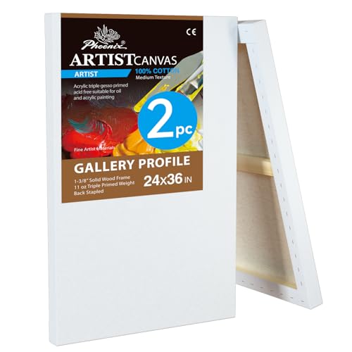 PHOENIX 24x36 Inch 2 Pack Gallery Canvas - 1.5 in Thick Extra Large Canvases for Painting - Deep Edge 100% Cotton 11 Oz. Gesso Primed White Blank Professional Canvas Oil & Acrylic Paints by PHOENIX - Used condition - US$41.18