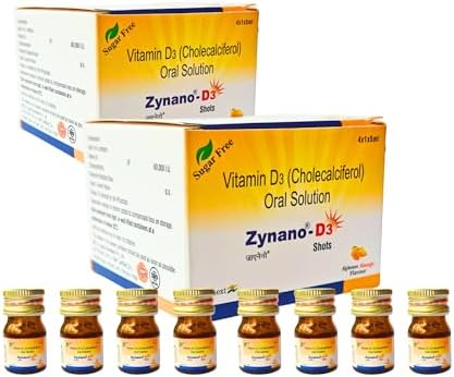 Zynano D3 Shots,Vitamin D3 Shots,Sugarfree Cholecalciferol 60000 IU Oral Solution,Vitamin D3 liquid,Mango Flavour,8 Shots of 5ml liquid each